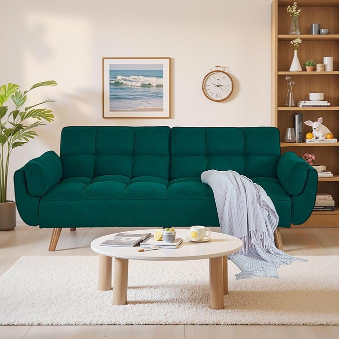 Convertible Futon Couch Bed Sleeper Sofa Bed with Adjustable Backrests Linen Loveseat Sofa 3 Seater Comfy Couch for Small Spaces Living Room Bedroom(Green 75)