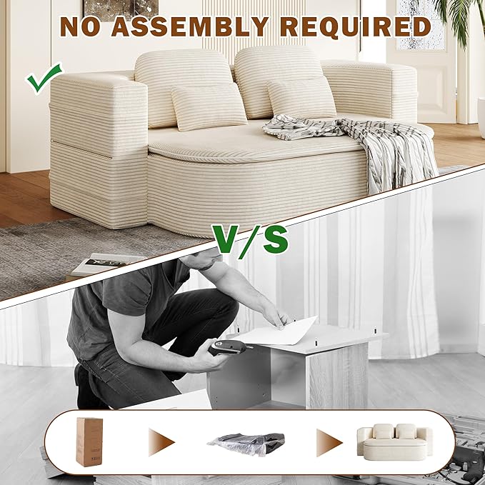 75'' Corduroy Foldable Full Size Boneless Couch Bed 2-in-1 Convertible Sleeper Compression Loveseat Sofa with Pillow No Assembly Memory Foam Floor Folding Couch for Living Room (Beige) | 2-in-1 Pi