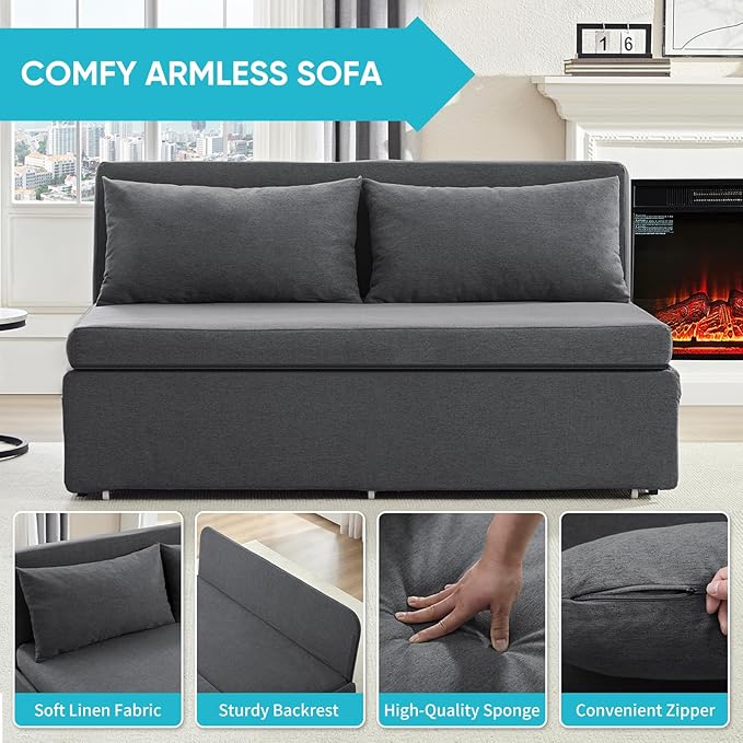 CECER 64.2 Queen Size Pull Out Sofa Bed Pull Out Couch Bed with 2 Pillows Linen Convertible Sleeper Sofa with Comfy Mattress 2 in 1 Armless Loveseat Sleeper for Living Room-Dark Grey