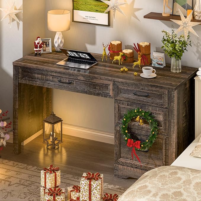 Vabches Farmhouse Executive Desk with Storage and Ample File Drawer Rustic Large Home Writing Desk for Bedroom Dark Oak