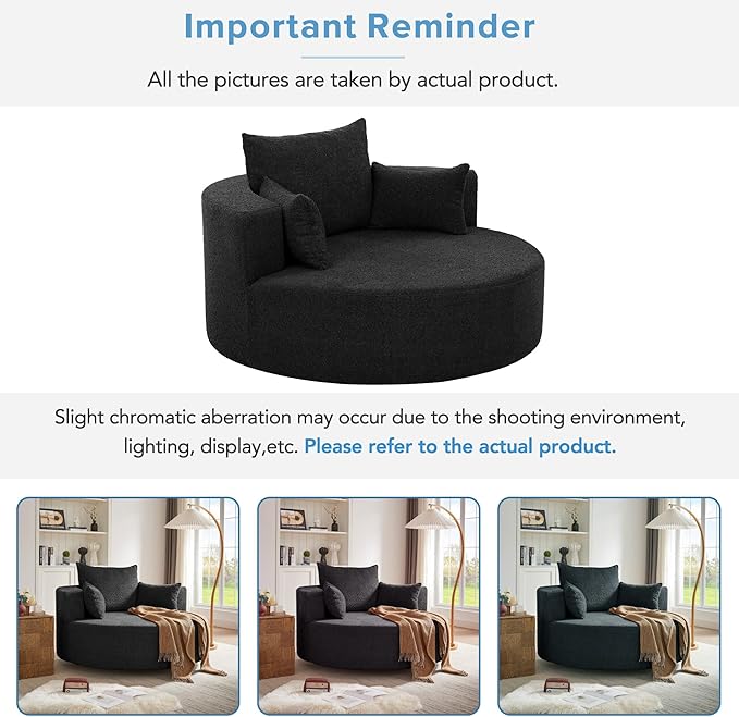 360° Swivel Chair Accent Chair with 3 Removable Pillows Modern Chenille Fabric Barrel Chair Swivel Round Sofa Chair for Living Room Bedroom Office and Hotel