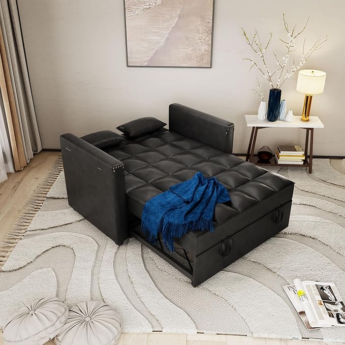 Leather Convertible 3 in 1 Sleeper Sofa Bed Small Upholstered Loveseat Pull Out Couch Multi-Functional Sleeper Futon with Hidden Table and Adjustable Backrest for Living Room (Black)