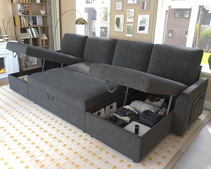PaPaJet 110 Inch Sleeper Sofa Oversized Pull Out Couch with Double Storage ChaiseU Shape Couches for Living Room Gray