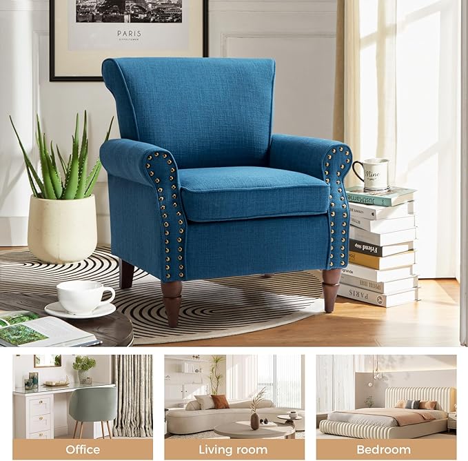 HULALA HOME Accent Chair with Wood Legs &amp Removable Cushion Modern Wingback Armchair with Nailhead Trim Comfy Upholstered Lounge Chair Single Sofa Chairs for Living Room Bedroom Set of 2 Navy