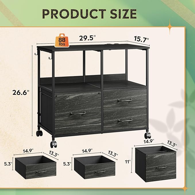 DEVAISE 3 Drawer Mobile File Cabinet Rolling Printer Stand with Storage Shelf Fabric Lateral Filing Cabinet fits A4 or Letter Size Adjustable Shelf for Home Office Charcoal Black Wood Grain Print