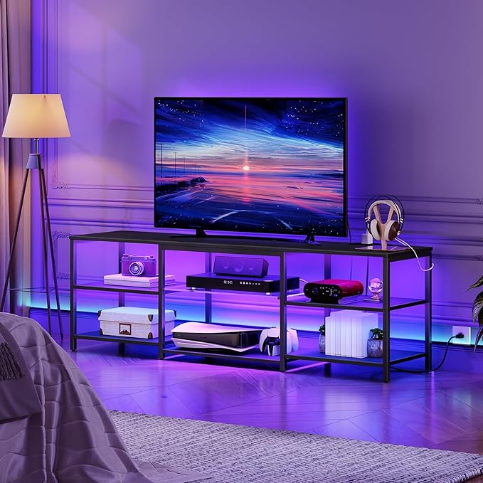 HOOBRO LED TV Stand for 75 Inch TVs with Charging Station Gaming Entertainment Center with 3-Tier Open Storage Long 63” Media TV Console Table TV Stand for Living Room Bedroom Black BB21UDDS01