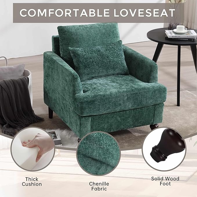Wood Frame Armchair Modern Accent Chair Lounge Chair for Living RoomTufted Club Chair Mid Century Modern Arm Chairs with Studded Solid Wood Frame for Bedroom Reading (Emerald Chenille)