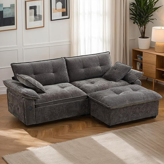 89'' L Shaped Modern Sofa Modular Sectional Cloud Couch with Ottoman Comfy Chenille Deep Seat Sofa with Throw Pillows/USB 2 Seater Couch for Living Room for Living Room Office and Apartment