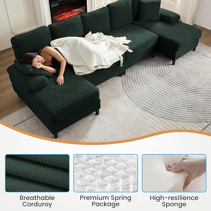 PUREMIND Sectional Couches for Living Room U Shaped Sectional Sofa with Double Chaise Lounge and Sleepable Armrests Corduroy 4 Seater Sectional Sofa Living Room Furniture