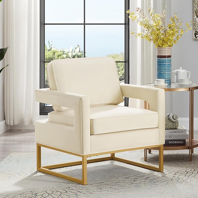 Velvet Lazy Chair Accent Reading Chair Cozy Lounge Chair with Armrest Leisure Mid-Century Modern Chair Arm Chair for Living Room Bedroom Dorm Cream