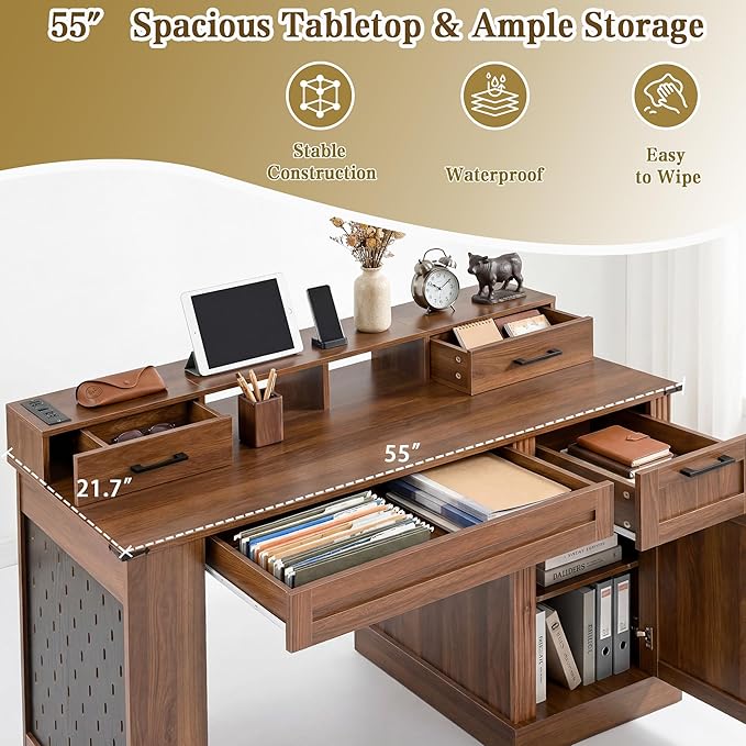 55 Farmhouse Computer Desk with Power Outlets Removable Monitor Stand with Drawers Convertible Keyboard Tray &amp Storage Cabinet Home Office Writing Desk with Pegboard Organizer
