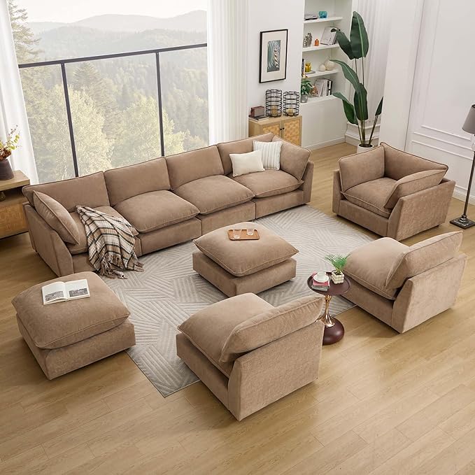 Modular Sectional Sofa Oversized Chenille Cloud Couch Deep Comfy Seat 3-Seater Sofas Couches for Living Room Khaki | Premium Chenille Without Compress Oversized Cloud Comfort Thick Cushions