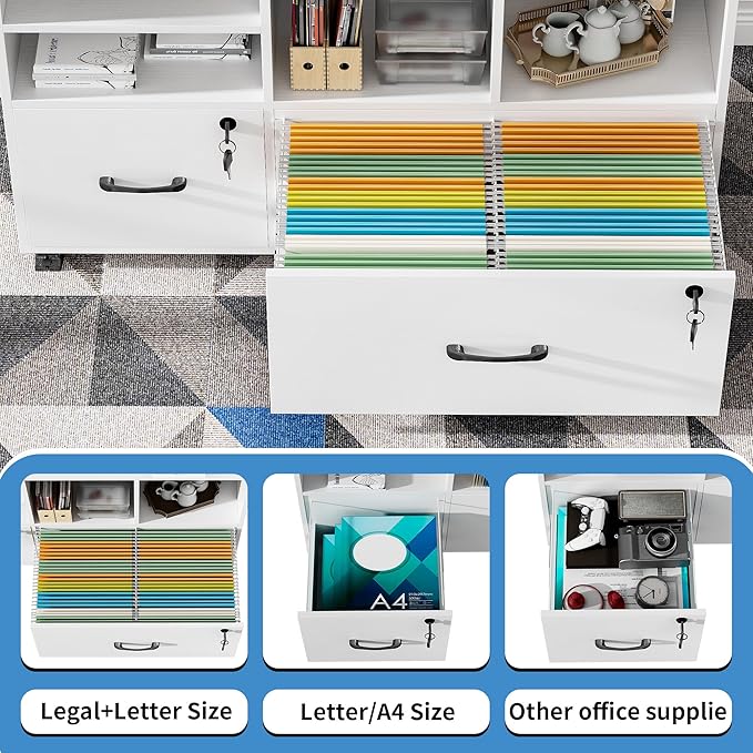 2 Drawer Wood Mobile Large Lateral File Cabinet Lockable Rolling Filing Cabinet with Storage Shelves Printer Stand Office Storage Cabinet for Home Office Fits Files Legal/A4 White