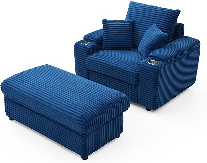 KEIKI Oversized Accent Chair with Ottoman Chaise Lounge Chair Indoor Oversized Sofa Bed Sleeper Couch Reading Chairs for Living Room Blue