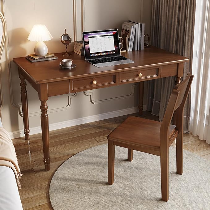 100% Solid Oak Wood Home Office Desks Modern Furniture Simple Writing Table Workstation Home Office Desk Computer Desk with 2 Drawers(32-Inch Walnut)