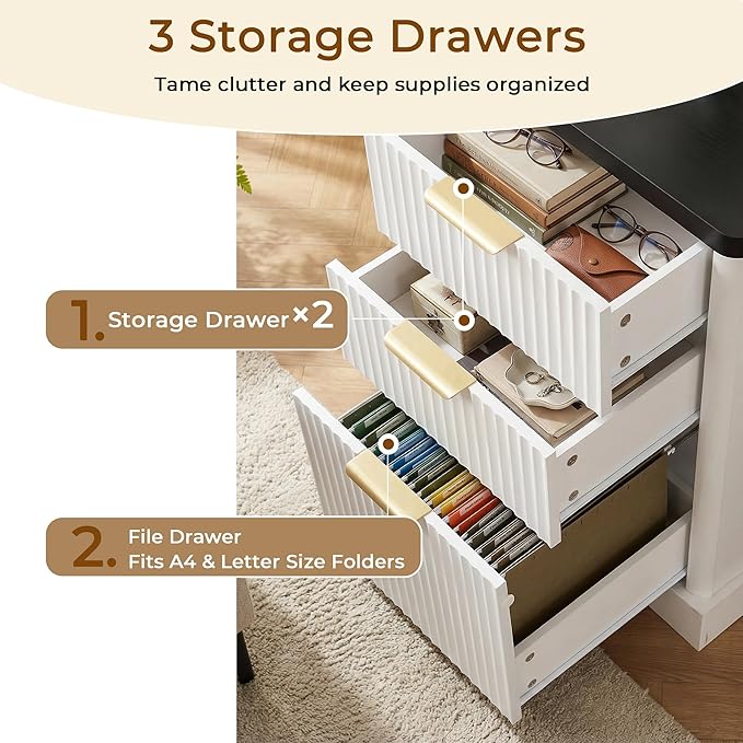 59 Fluted L Shaped Executive Desk with 6 DrawersHome Office Desk with Double Layer ShelfCorner Computer Desk with Power OutletsFile Cabinet StorageWood Computer Desk with Monitor StandWhite