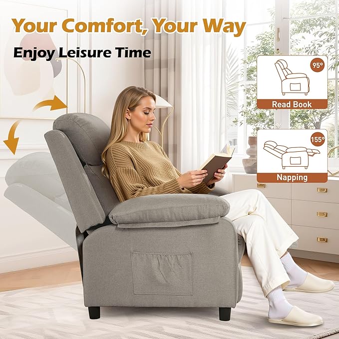 Recliner Chair Living Room Chairs for Adults Padded Deep Seat Reading Chair with Side Pockets Small Recliners for Small Spaces Lounge Chair for Living Room Bedroom and RV (Linen)