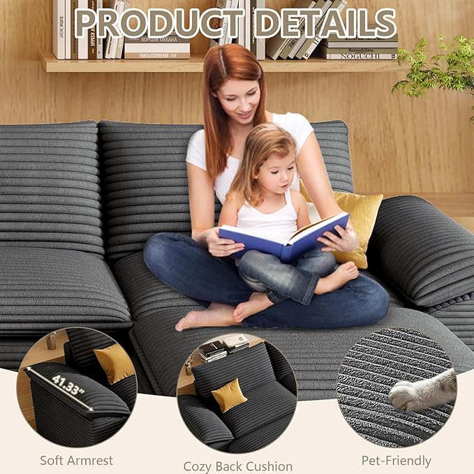 111 Cloud Sectional Couch with U-Shaped Chaise Corduroy Sectional Sofa with Ottoman Boneless Couch with Deep Seat in a Box for Living Room No Assembly Required (Dark Grey)