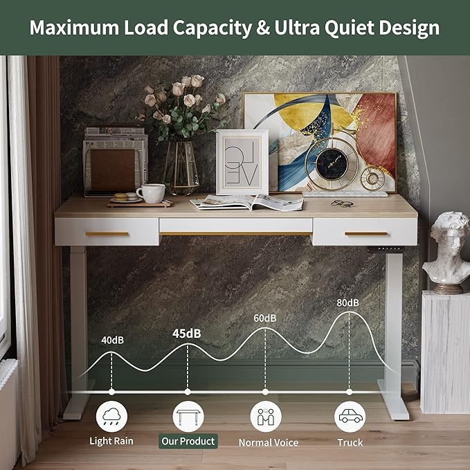 FEZIBO Mid Century Modern Electric Standing Desk with 3 Drawers 48 x 26 Inches Whole Piece Sit Stand Up Home Office Desk White Top with White Frame (2 Packages)
