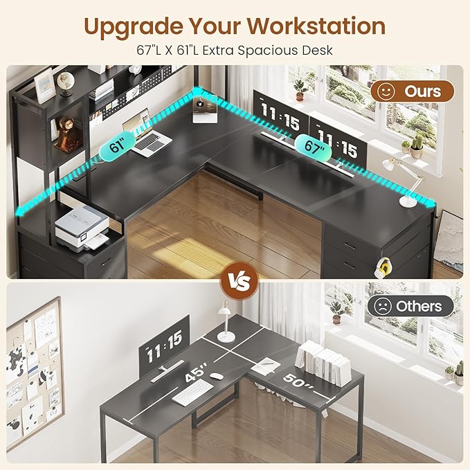 SEDETA L Shaped Gaming Desk with Drawers Reversible Computer Corner Desk with File Drawer Hutch Storage Shelves for Home Office Gaming Two Person Desk with Led Lights Power Outlet Black