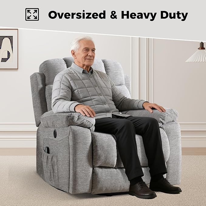 2 Power Lift Recliners with Massage and Heat for Elderly Electric Lifting Recliner Chair with Cup Holders &amp USB Port Oversized Single Reclining Sofa Set of 2 with Side Pocket Light Grey