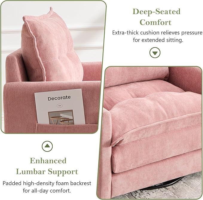 cinkehome Oversized Swivel Chair 36 Swivel Armchair Accent Chair for Living Room Mid Century Modern Thick Padded Arm Chairs Memory Foam Chenille Fabric