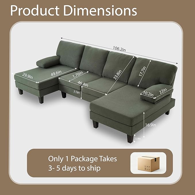 U Shaped Sectional Couches for Living Room 106.3 Modular Sofa with Double Chaises 4-Seater Sofa with Memory Foam Cushions Comfy Sectional Couches for Apartment Reception Room Green