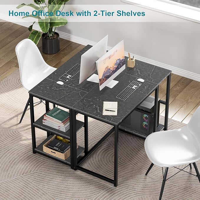 SINPAID Computer Desk 40 inches with 2-Tier Shelves Sturdy Home Office Desks with Large Storage Space Modern Gaming Desk Study Writing Laptop Table Black Marble