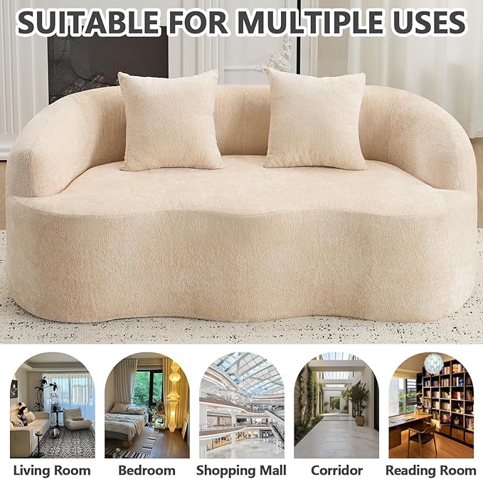 67 Curved Loveseat Sofa with 2 Pillows Boneless Curved Couch with Round Armrest Cloud Sofa for Living Room Bedroom Small Spaces Teddy Modern Compressed No Assembly (Beige Warm)