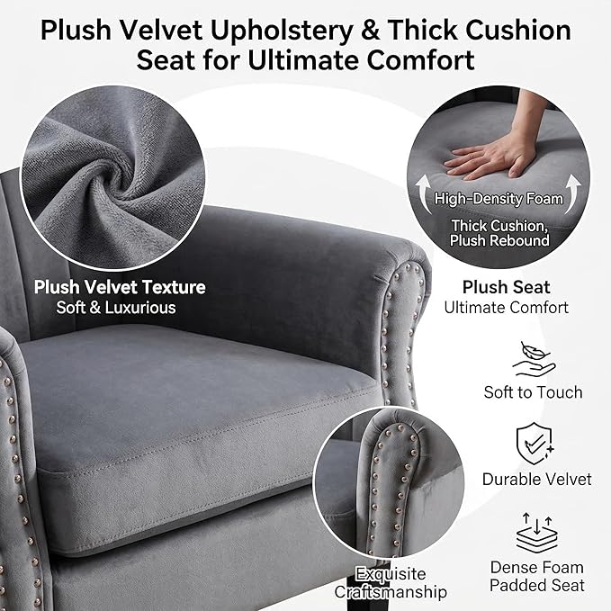 Modern Accent Chair for Living Room Comfy Upholstered Armchair for Bedroom &amp Small Spaces Mid Century Lounge Reading Chair for Office(Grey)
