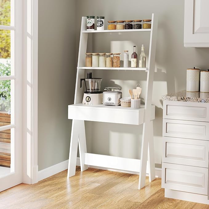 Tangkula Ladder Desk with Countertop &amp Drawer Home Office Computer Laptop Table with Open Shelves &amp Anti-Tip Kits Wall-Leaning Compact Working Station for Small Spaces (White)