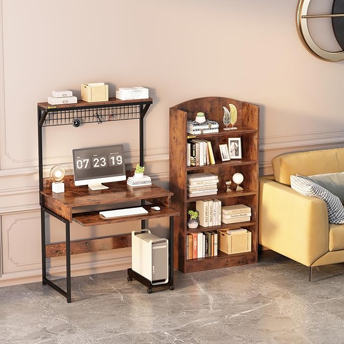 31.5 Small Computer Desk with Hutch Office Desk Study Table Writing Desk Workstation PC Table for Home Office Space Saving Design Brown