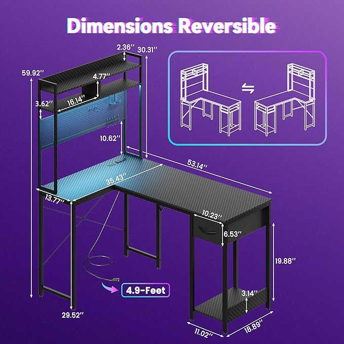 Apicizon L Shaped Gaming Desk 53 Reversible Corner Computer Desk with LED Lights Carbon Fiber Surface Pegboard with Hooks Drawer &amp PC Tower Stand USB Charging Port