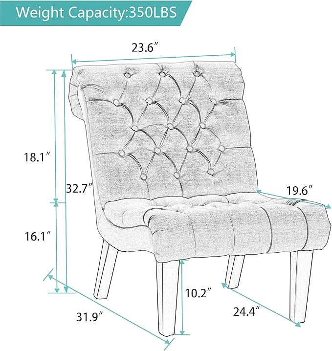 Alunaune Living Room Chair Modern Accent Chair Upholstered Tufted Armless Bedroom Chair Sofa Backrest Fabric Recliner Lounge Chair Wood Legs-Ivory