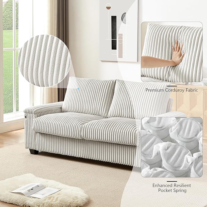 Sheng &amp Far Corduroy Loveseat Sofa Set with Storage Armrests and USB Charging Port 71 Wide Begie