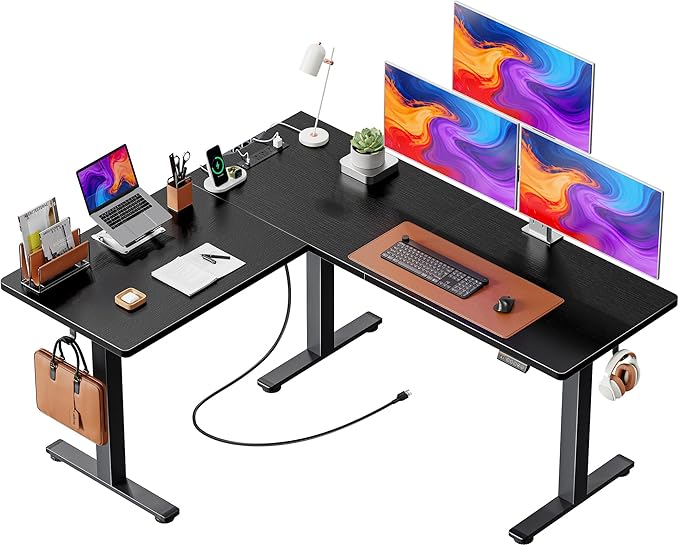 Huuger L Shaped Standing Desk with Power Outlets 63 x 55 Inch Height Adjustable Computer Desk for Bedroom Corner Stand up Desk for Home and Office Work and Study Black