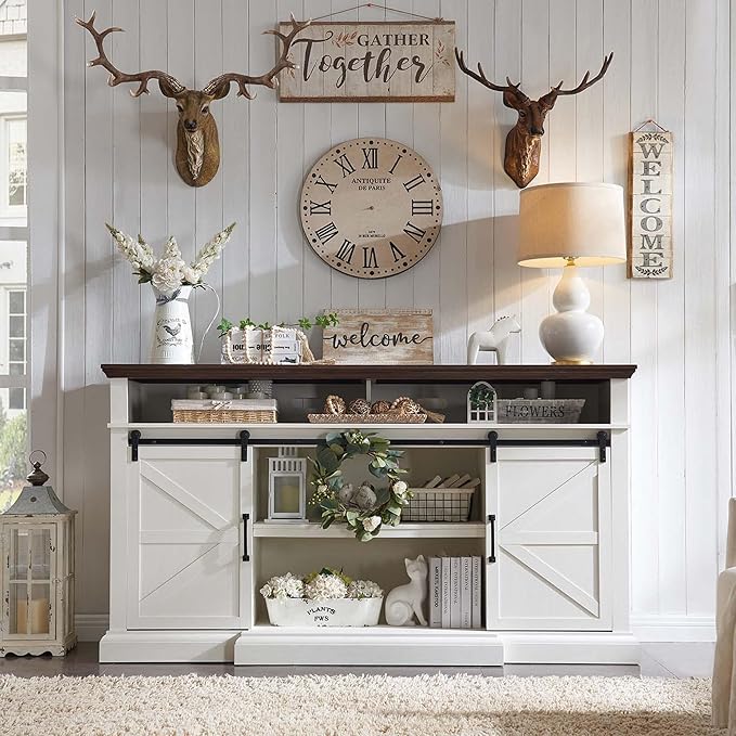Farmhouse TV Stand for 80 Inch TVs 37.4Tall Entertainment Center w/Storage Cabinets and Sliding Barn Door Media Console Cabinet w/Soundbar &amp Adjustable Shelves for Living Room 70 inch (White)