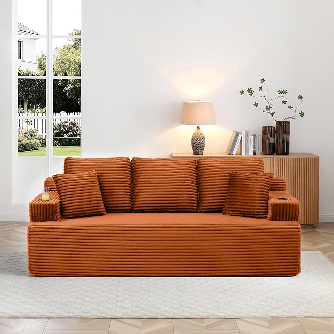 86 Small Cloud Loveseat Sofa in a Box Comfy Corduroy 2-Seater Boneless Couch Modern Deep Seat Sofa for Small Spaces Living Room &amp Apartment No Assembly Required (Orange 86 inch) | Memory Foa