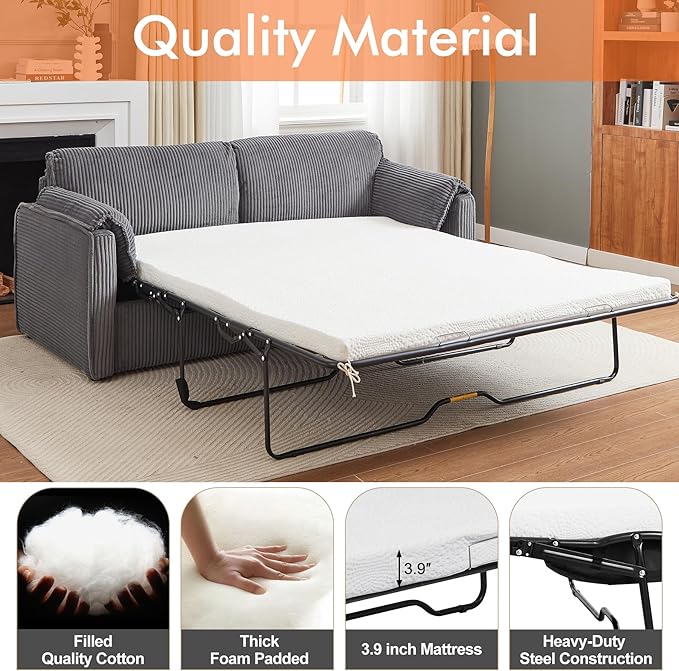 Pull Out Sofa Bed Corduroy Queen Sleeper Sofa Couch with Foam Mattress Large Sleeper Pullout Couch Bed for Living Room Office Queen Size (Grey)