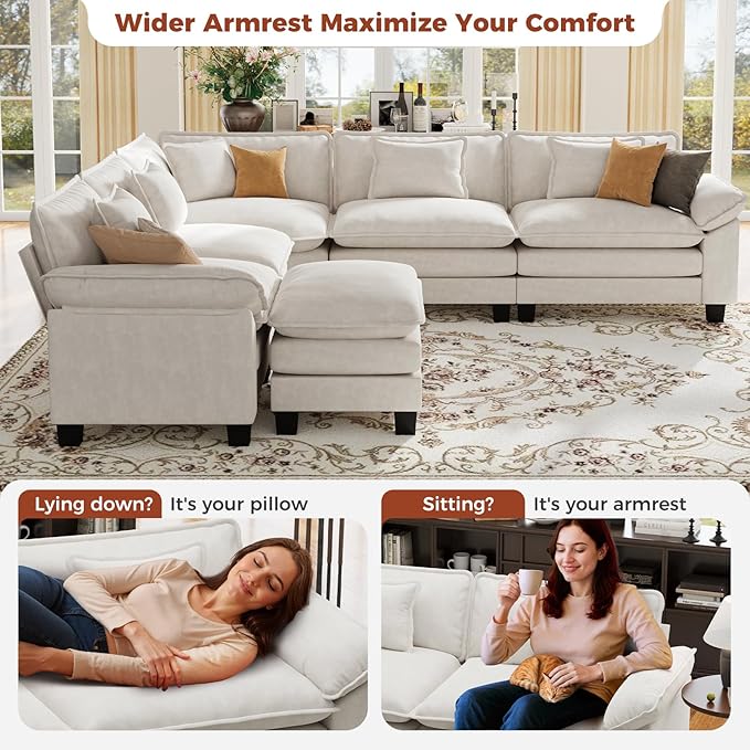 CDCASA 117 Oversized Modular Sectional Sofa with Corner Comfy V-Shaped Cloud Couch w/Ottoman 6-Seater Chenille Deep Seat Modern Sofa Couch for Living Room DIY Combination Beige