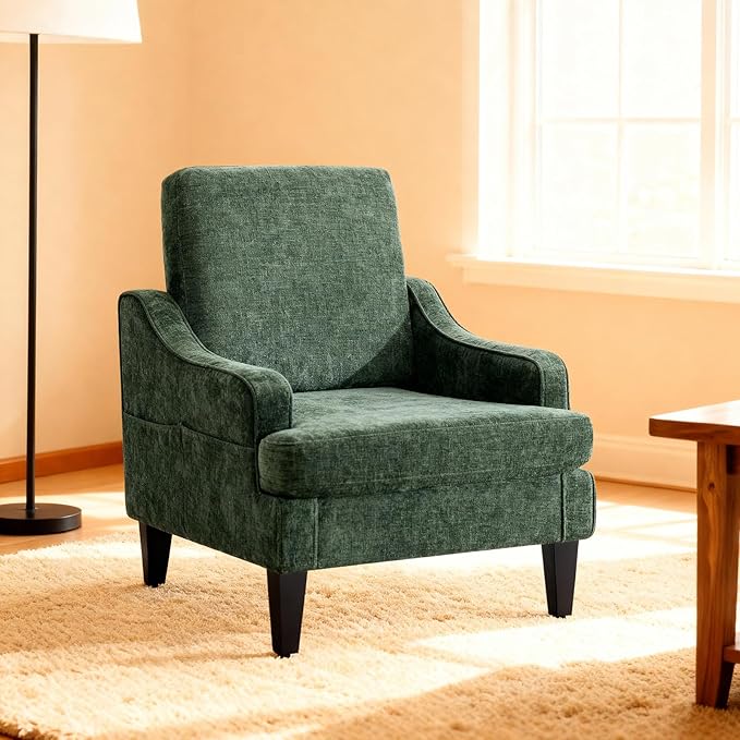 Accent Chair for Living Room Upholstered Living Room Chair with Side Pockets Comfy Accent Chairs for Bedroom Mid Century Modern Armchair for Office Apartment Waiting Room Club (Green)