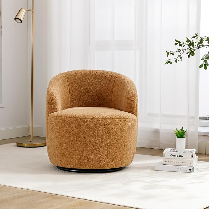 Swivel Barrel Accent Chair 360° Swivel Chair with Black Powder Coating Metal Ring Small Leisure Chair Single Sofa Chair for Living Room Hotel Bedroom Office Coffee Shop (Khaki + Wool)