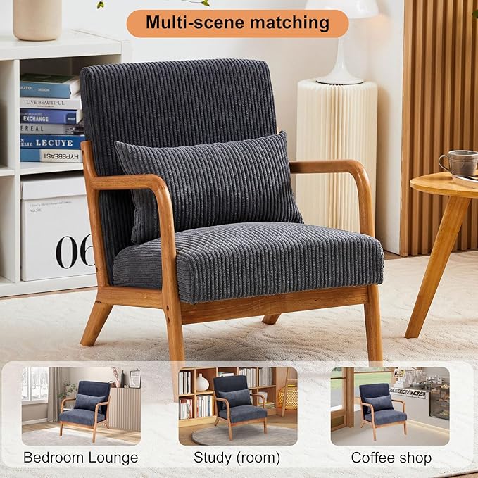 Mid Century Modern Accent Chair with Waist CushionComfy Upholstered Lounge Chair Ergonomic Reading Chair with Solid Rubberwood Frame for Living Room Bedroom (Antique Dark Grey)