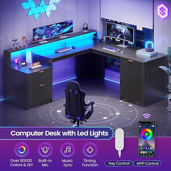 SEDETA 66 Modern L Shaped Desk with Drawers Fluted Home Office Desk with File Cabinet and Printer Shelf Wood Executive Desk with Monitor Stand Led Lights Power Outlets Black