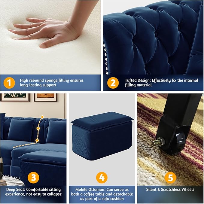 3-in-1 Pull Out Sofa Bed - 89 King Size Convertible Sleeper Sofa Large Velvet 3-Seater Sofa with Movable Ottoman Sleek Rivet Detailing Tufted Design Pull Out Couch (Blue)
