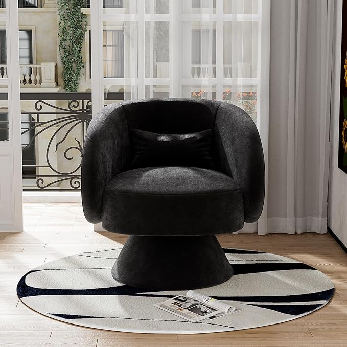 Swivel Barrel Chair Set of 2 Upholstered Swivel Cuddle Accent Chairs for Living Room Comfy 360 Degree Modern Small Round Armchair for Bedroom Office (Black Linen)