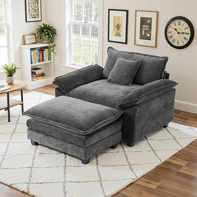 Oversized Accent Chair with OttomanOversize Chair Chenille Sofa with ArmrestsComfy Living Room Sofa with Deep Seat &amp PillowsOversized Reading Accent Chairs Couch Lounge for Bedroom (Grey)