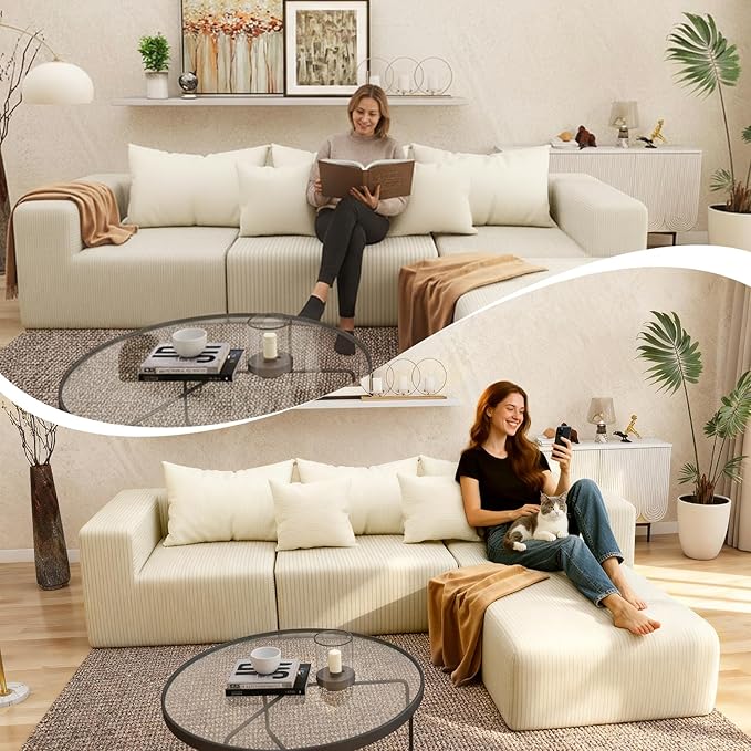 Cloud Modular Sectional Sofa for Living Room L Shaped Sectional Couch with Deep Seat 3-Seater Boneless Couch with Ottoman in Soft Corduroy Fabric Beige