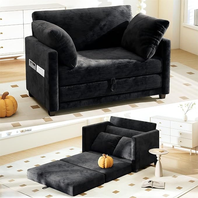 51 Convertible Loveseat Sofa Bed 2-in-1 Folding Sofa Bed with 2 Pillow for Small Spaces Modern Loveseat Sleeper Couch for Apartment Living Room &amp Guest Room (Chenille Black 51 inch)