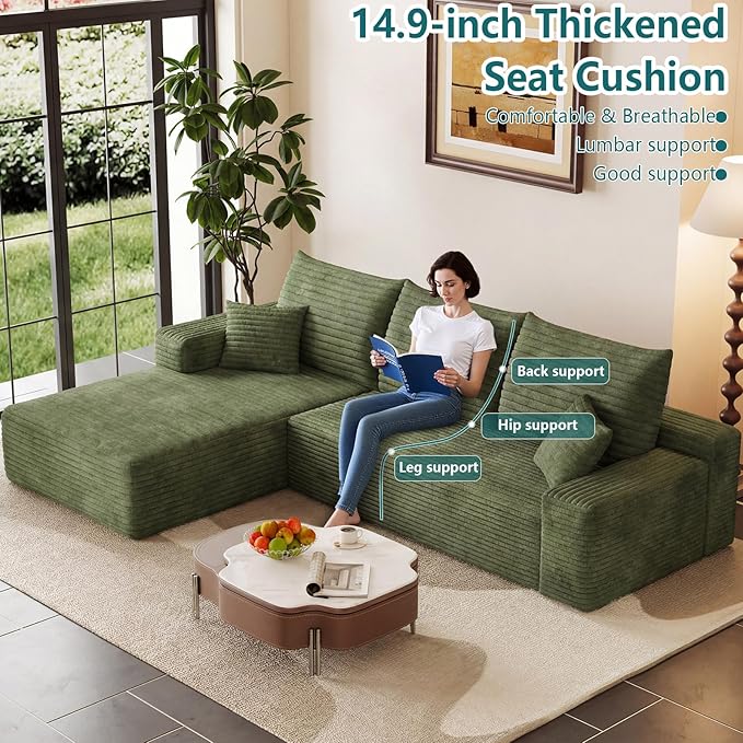 95 Modular Sectional Couch Boneless L Shaped Cloud Sofa with Chaise Lounge Corduroy Upholstered Couches Memory Foam Deep Seat No Assembly Required Ideal for Living Room(Green Left Facing)